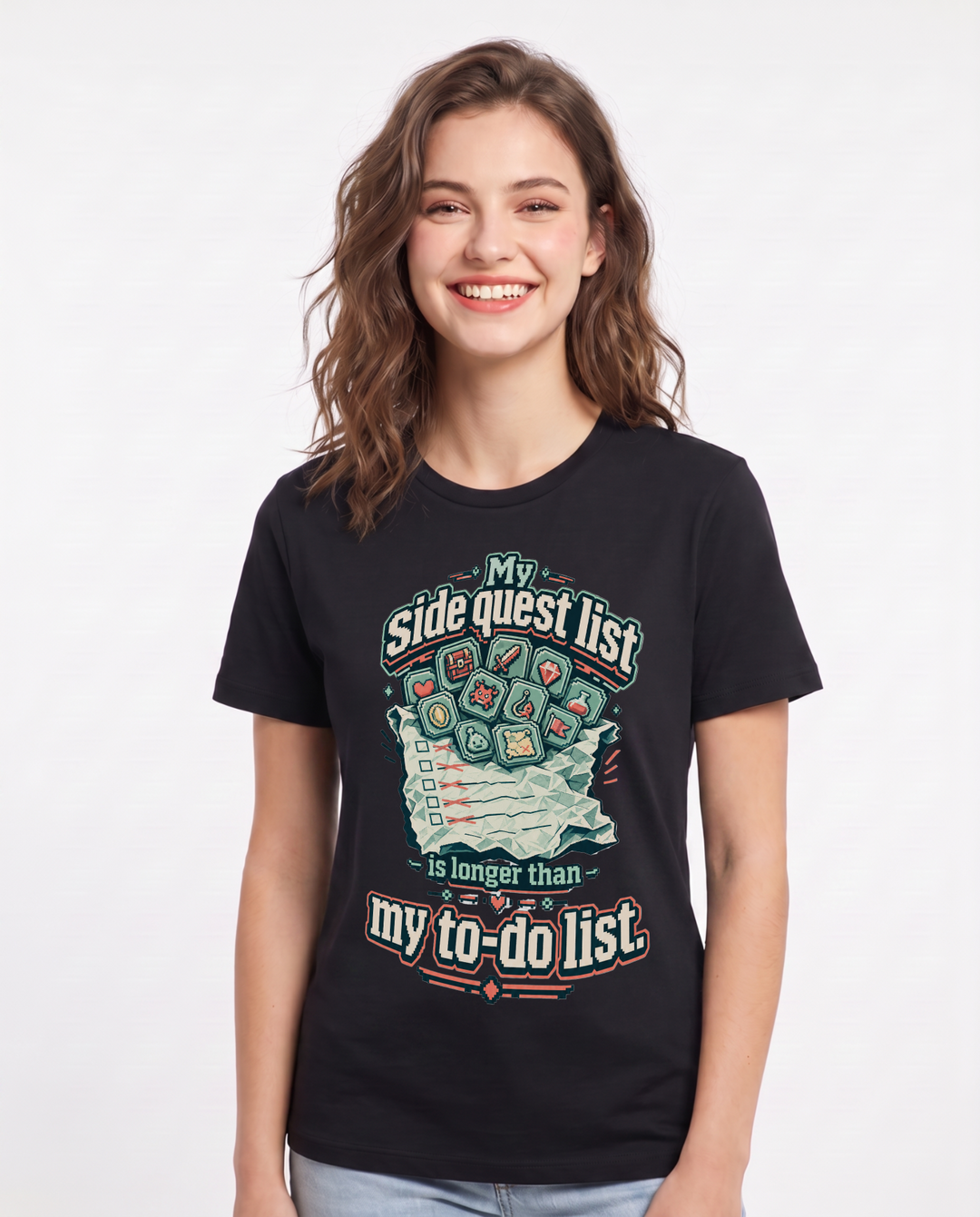 Gaming Women's Black T-Shirt – My side quest list is longer than my to-do list. product image 1