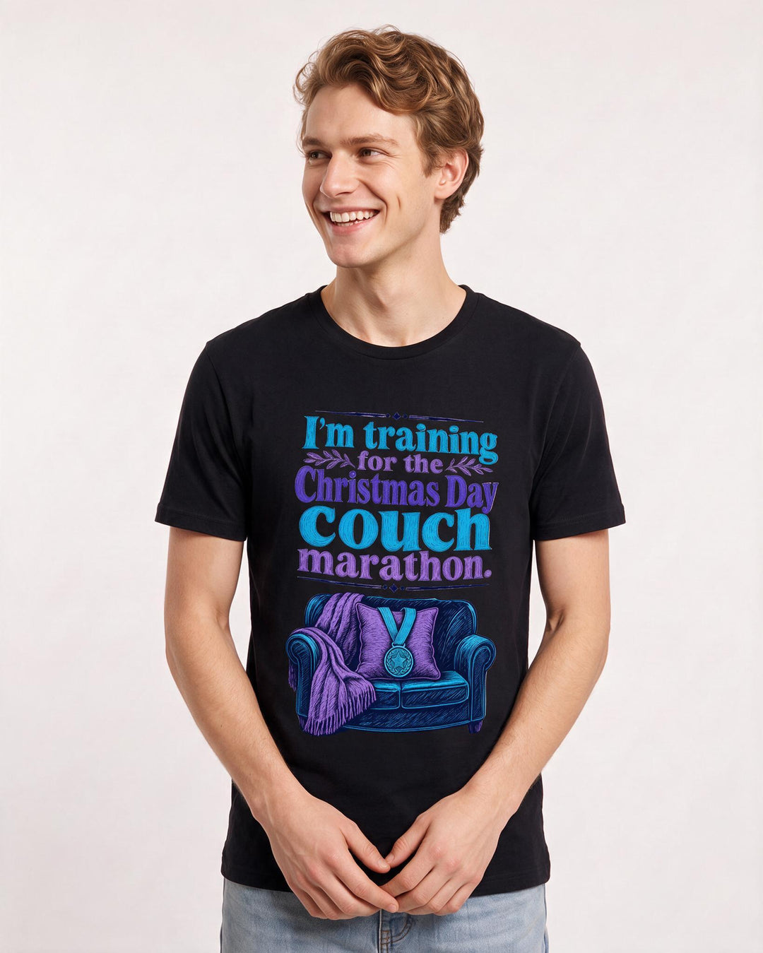 Christmas Men's Black T-Shirt – I'm training for the Christmas Day couch marathon. product image 3