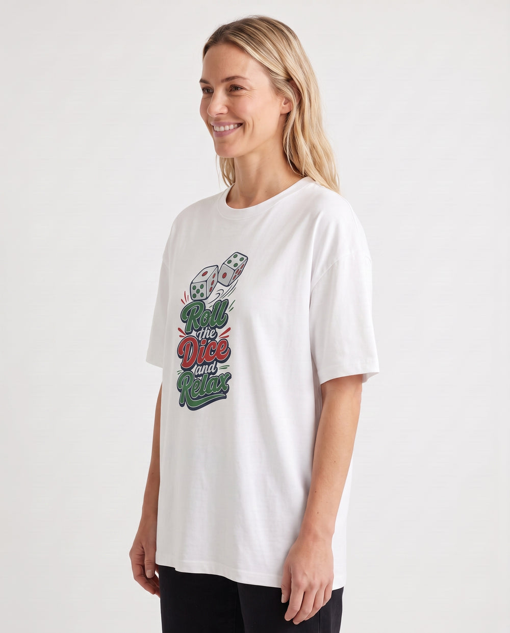Roll The Dice And Relax White T-Shirt mockup 2