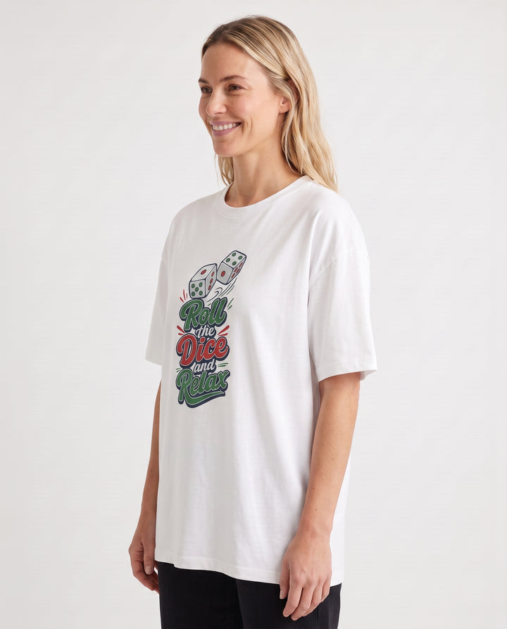 Roll The Dice And Relax White T-Shirt mockup 2
