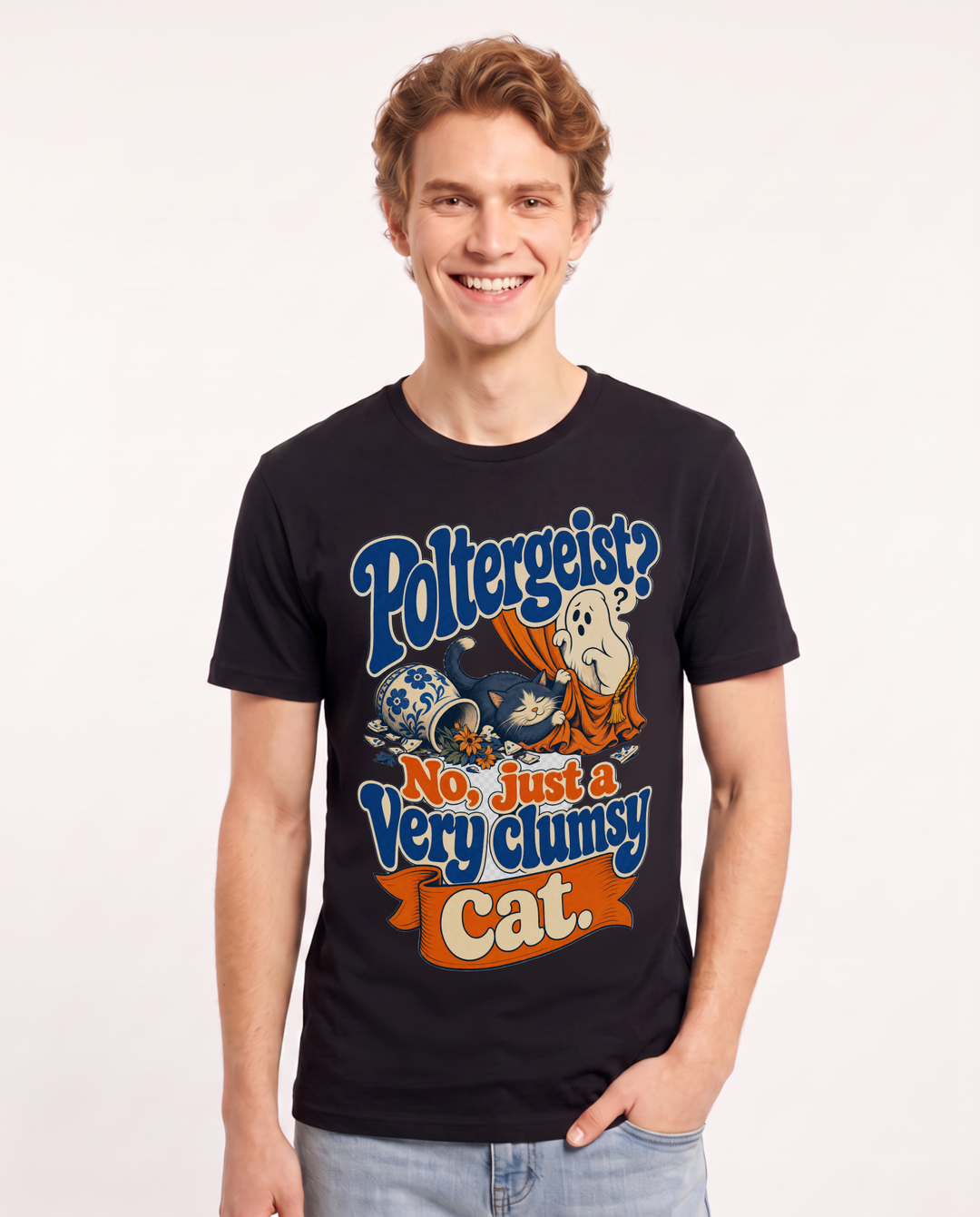 Funny Halloween Men's Black T-Shirt – Poltergeist? No, just a very clumsy cat. product image 1