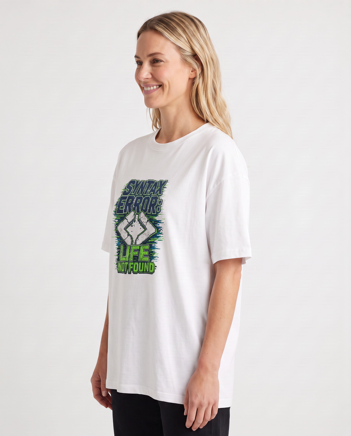 Syntax Error: Life Not Found White T-Shirt mockup 2