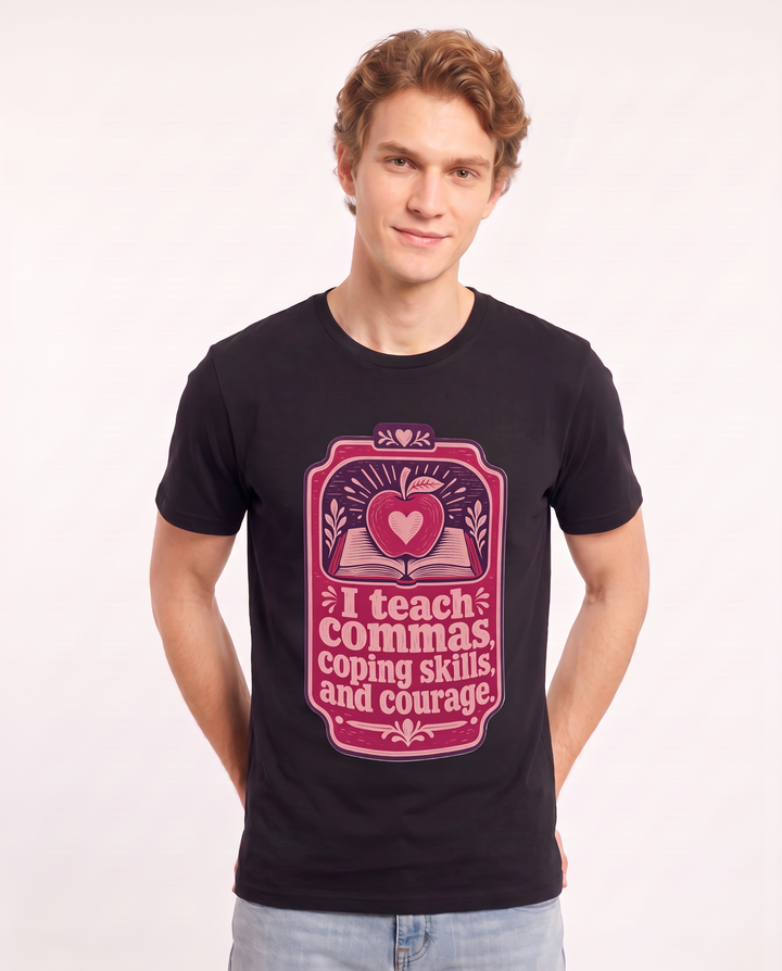 Teacher Gift Men's Black T-Shirt - I teach commas, coping skills, and product image 3