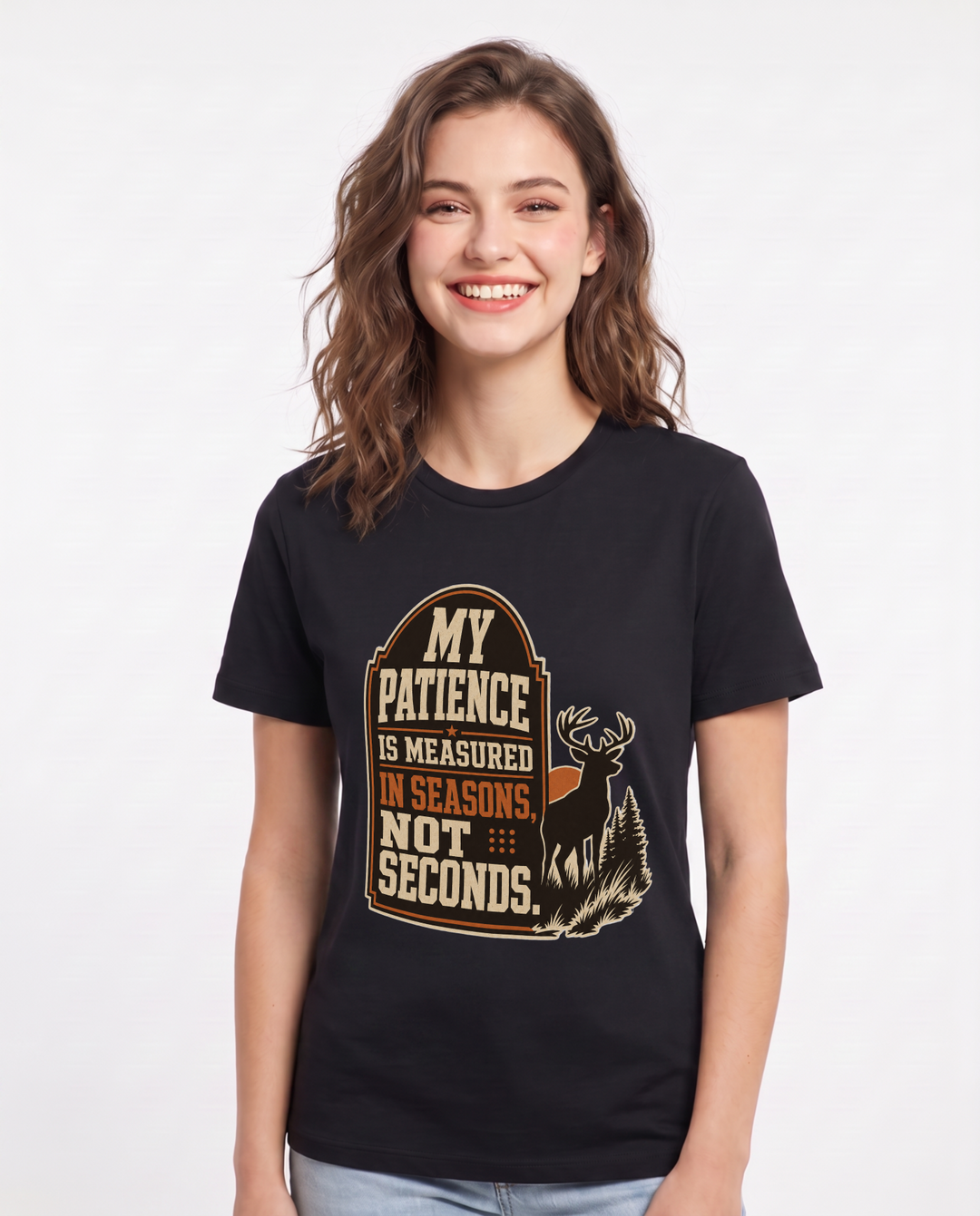 Hunting Women's Black T-Shirt - My patience is measured in seasons, product image 1