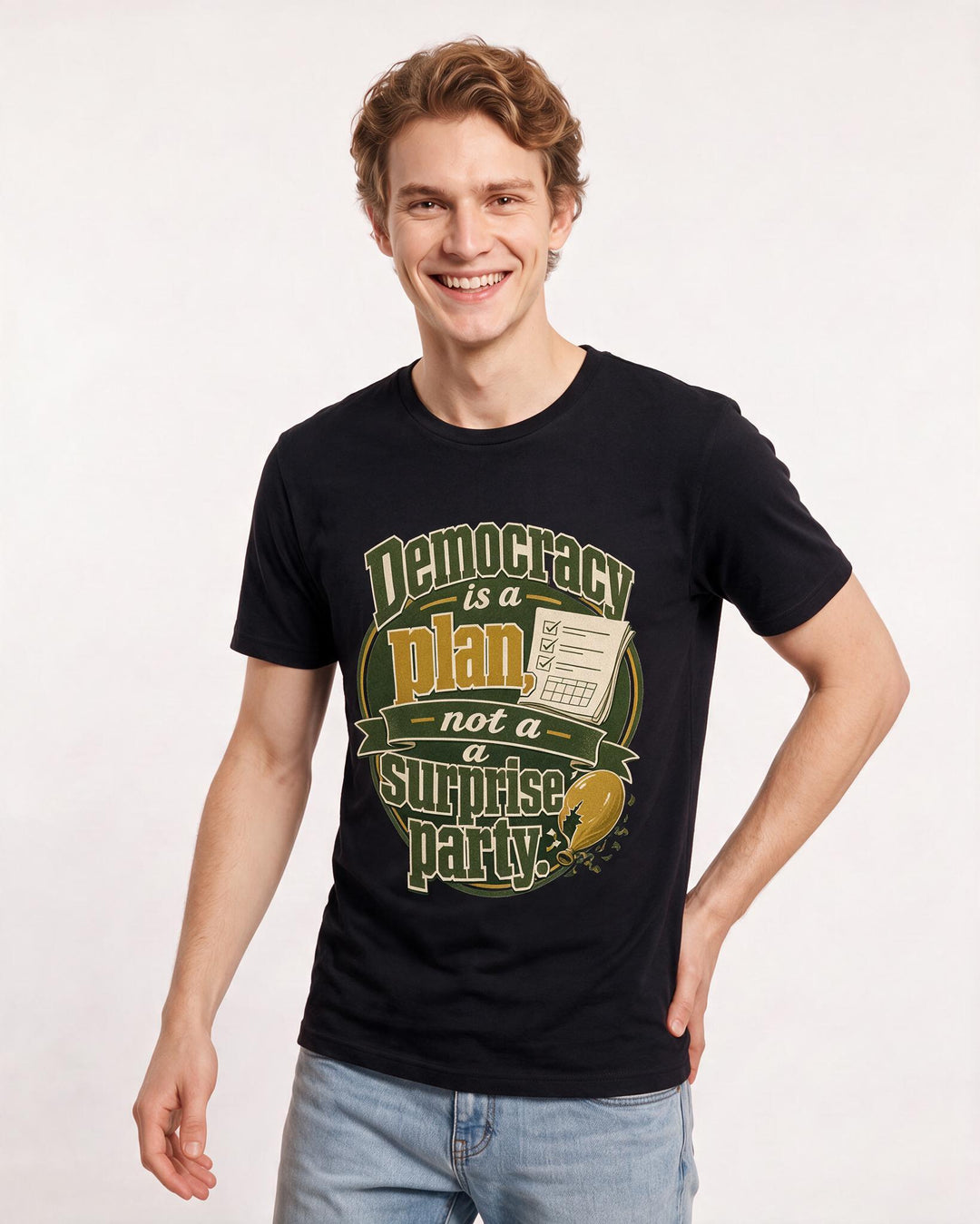 Political Statement Men's Black T-Shirt – Democracy is a plan, not a surprise party. product image 3