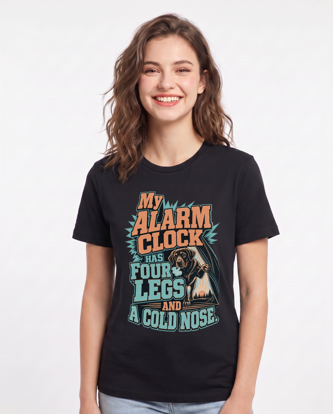 Funny Hunting Women's Black T-Shirt – My alarm clock has four legs and a product image 1