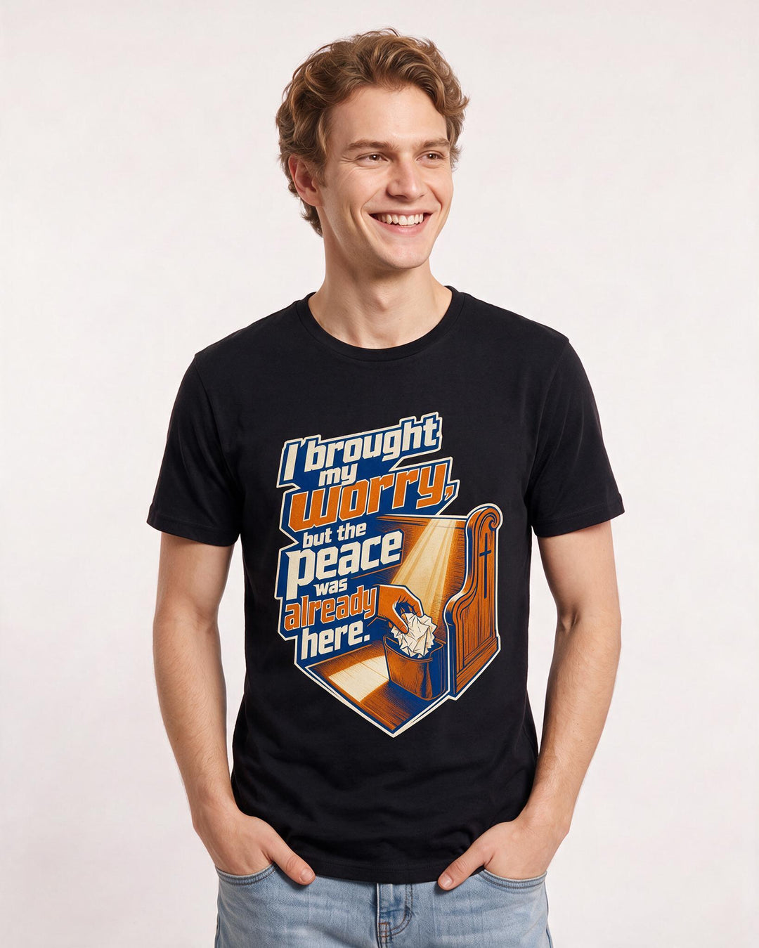 Christian Faith Men's Black T-Shirt – I brought my worry, but the peace was already here. product image 3