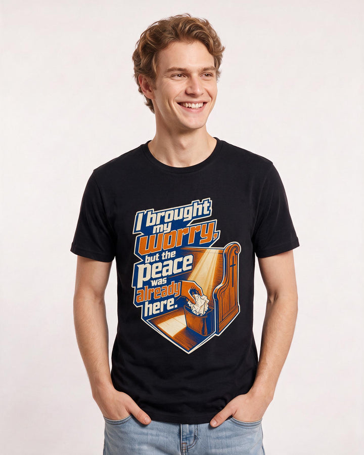 Christian Faith Men's Black T-Shirt – I brought my worry, but the peace was already here. product image 3
