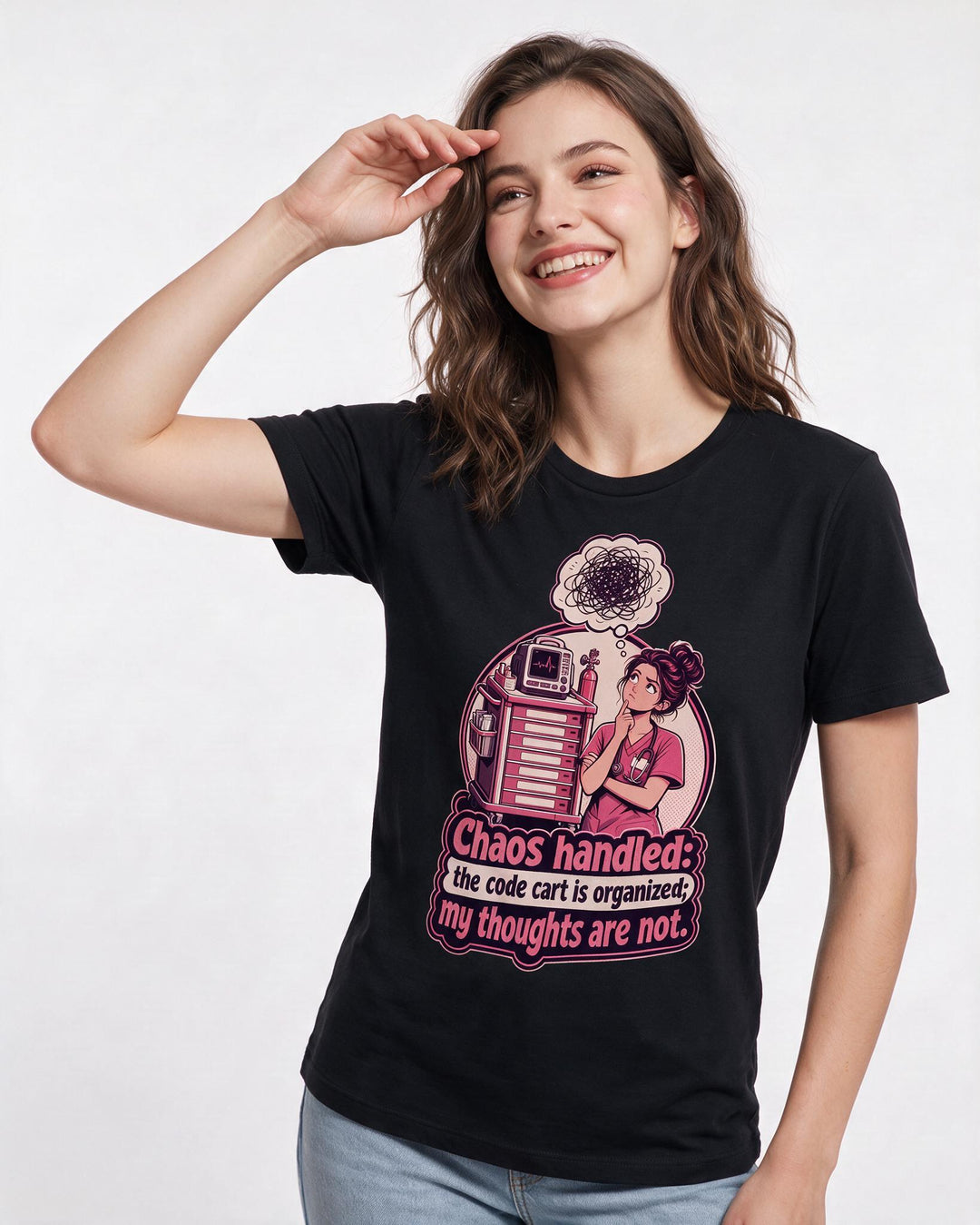 Funny Nurse Women's Black T-Shirt – Chaos handled: the code cart is organized; my thoughts are not. product image 3