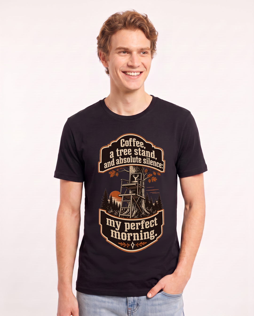 Hunting Men's Black T-Shirt - Coffee, a tree stand, and absolute product image 3