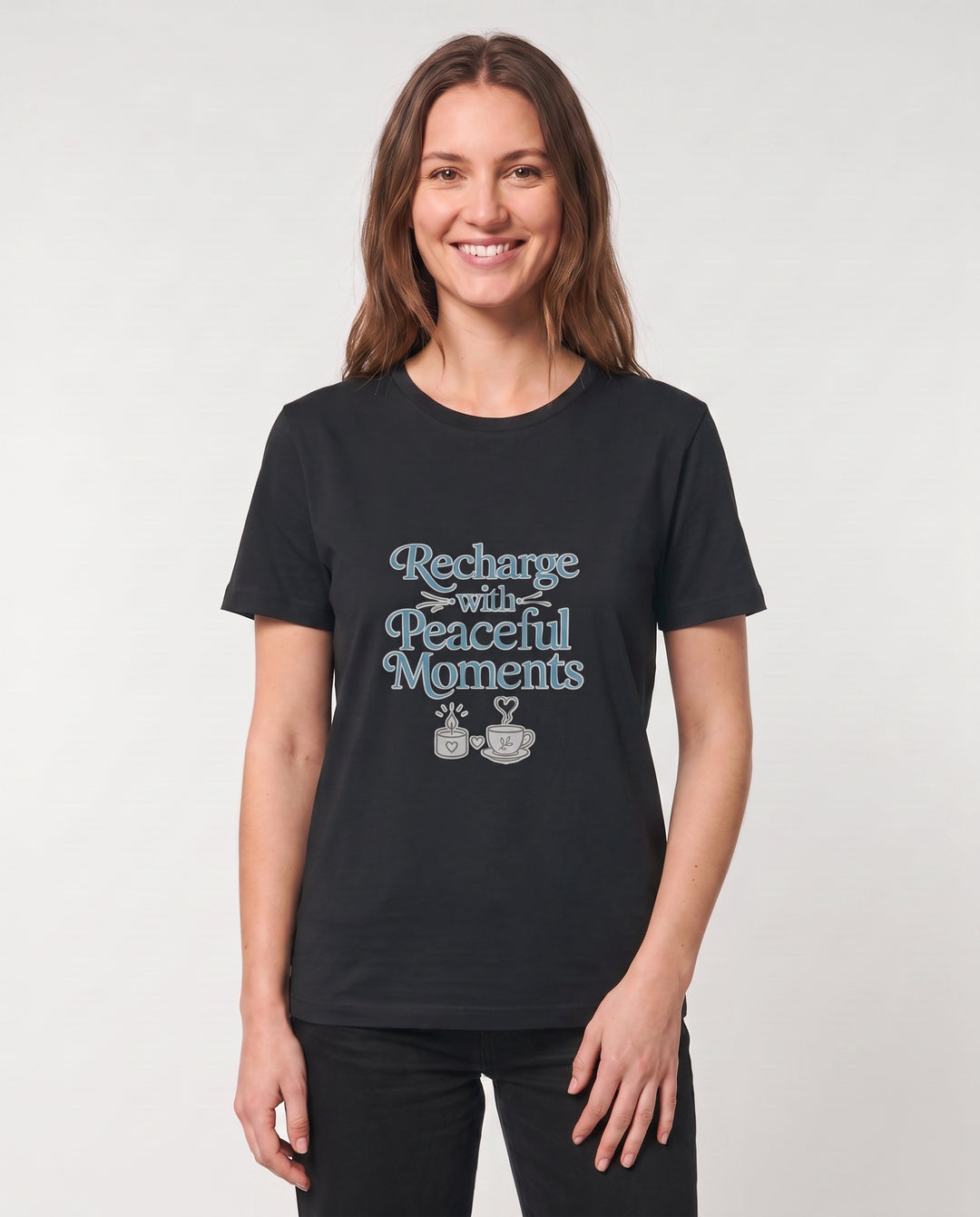 Recharge With Peaceful Moments Black T-Shirt mockup 3