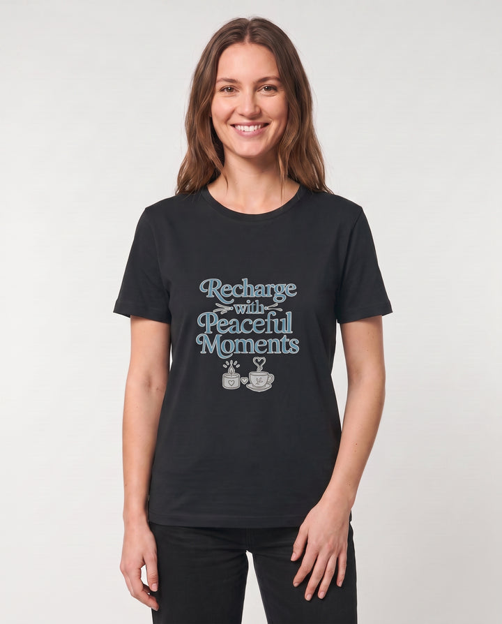 Recharge With Peaceful Moments Black T-Shirt mockup 3
