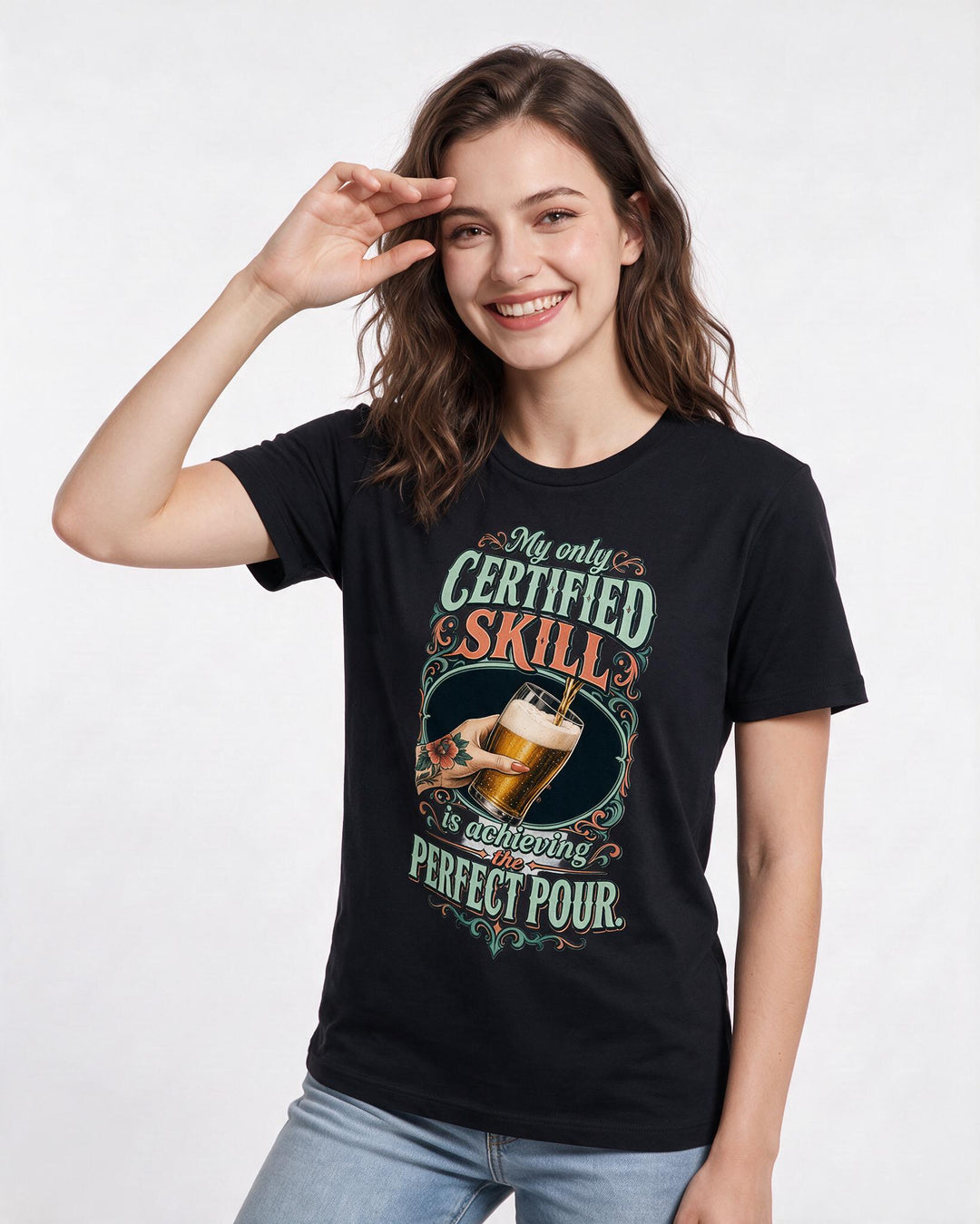 Beer Women's Black T-Shirt – My only certified skill is achieving the perfect pour. product image 3