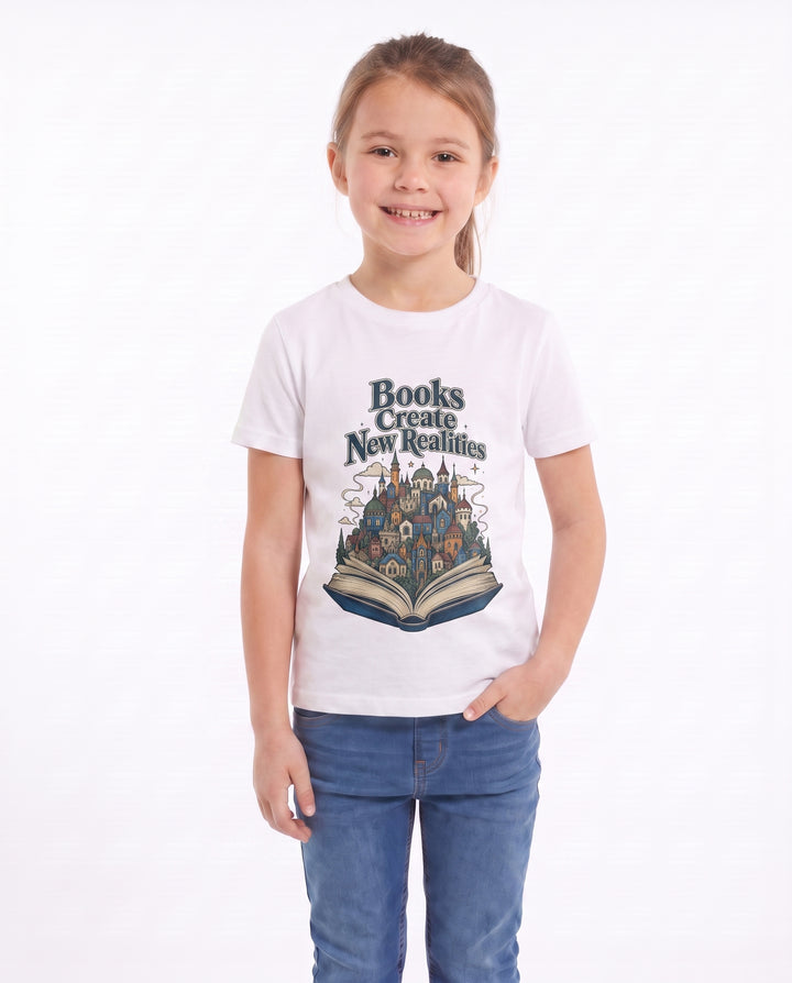 Books Create New Realities White T-Shirt mockup 3