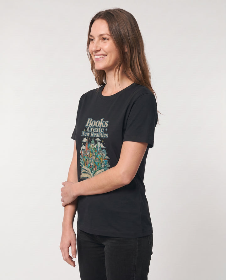 Books Create New Realities Black T-Shirt mockup 2