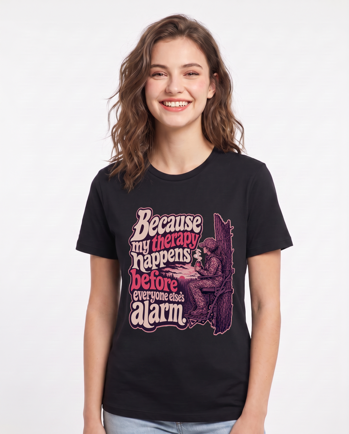 Hunting Women's Black T-Shirt – Because my therapy happens before everyone else's alarm. product image 1