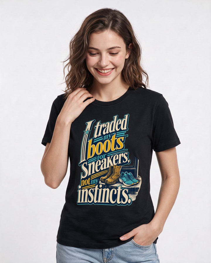 Veteran Women's Black T-Shirt – I traded my boots for sneakers, not my instincts. product image 3