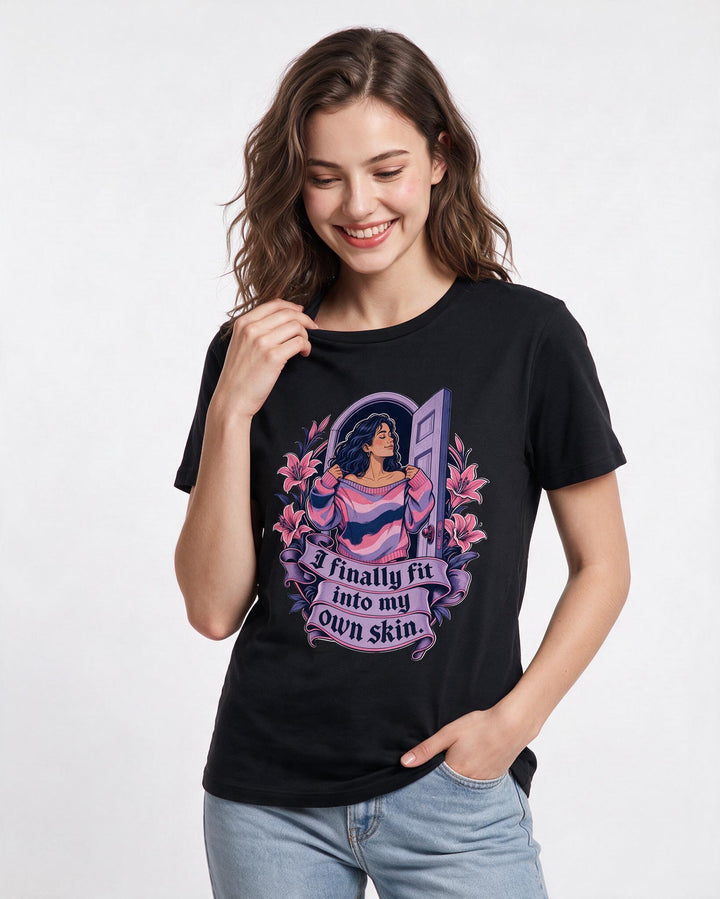 Pride Women's Black T-Shirt – I finally fit into my own skin. product image 3