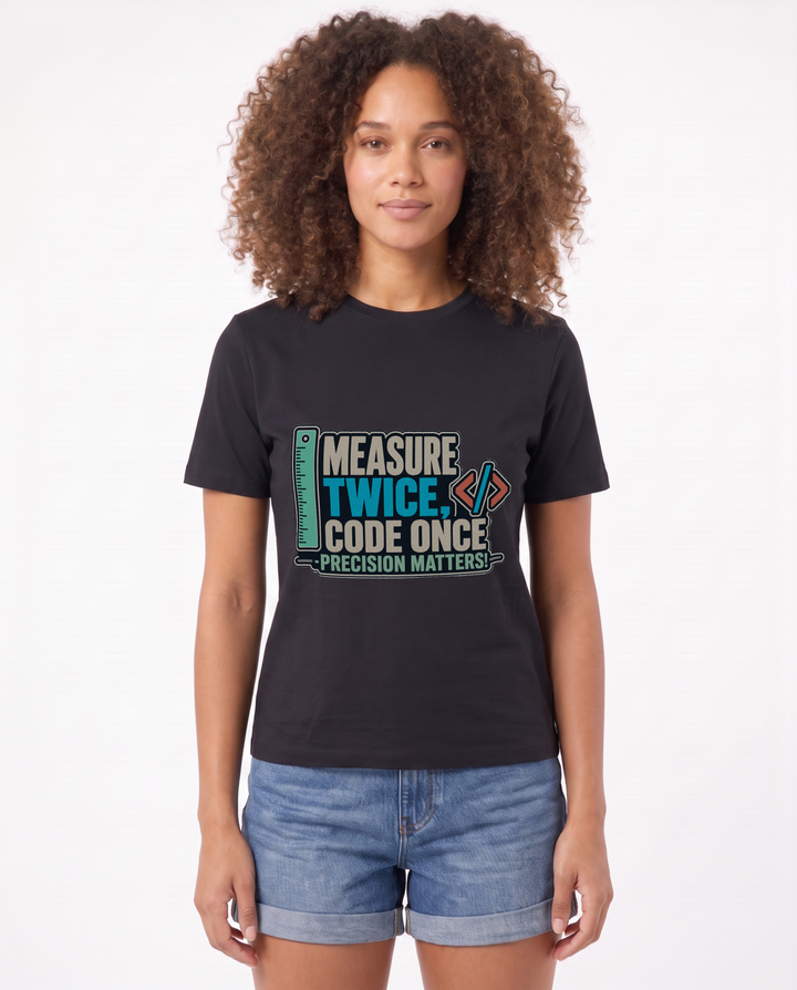 Measure Twice, Code Once Precision Matters! Black T-Shirt mockup 1