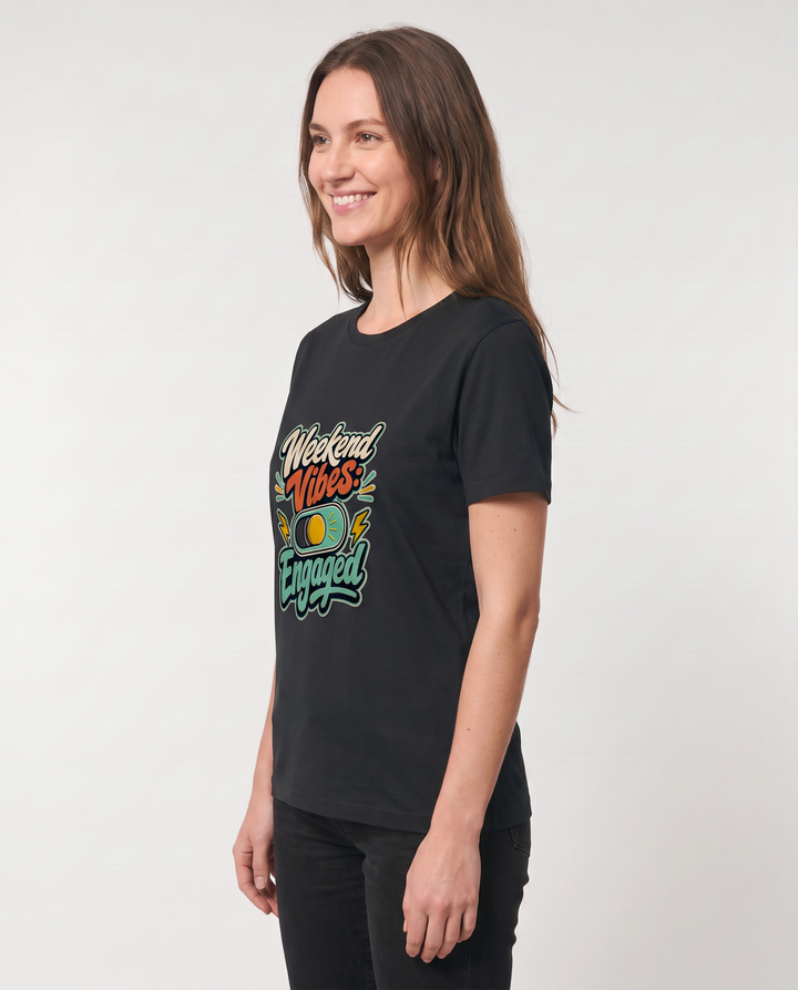Weekend Vibes: Engaged Black T-Shirt mockup 2