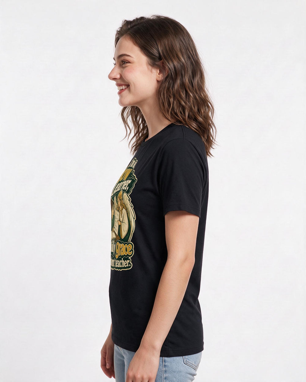 Christian Faith Women's Black T-Shirt – "I'm a slow learner, thankfully grace is a patient teacher." product image 2