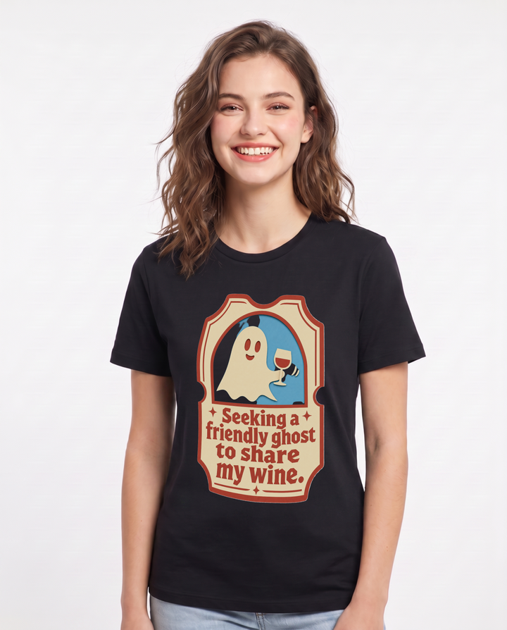 Halloween Women's Black T-Shirt - Seeking a friendly ghost to share my product image 1