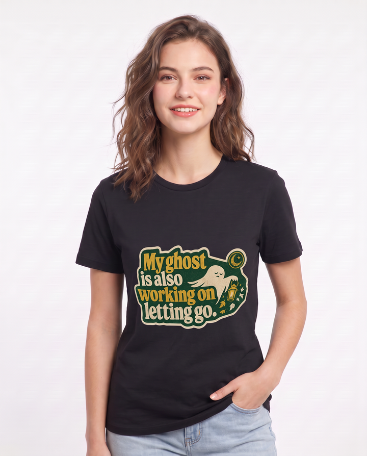 Halloween Women's Black T-Shirt - My ghost is also working on letting product image 3