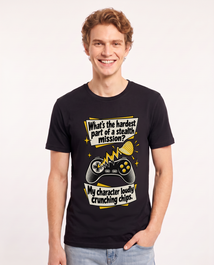 What's the hardest part of a stealth mission? My character loudly crunching chips. Men's Black T-Shirt product image 2