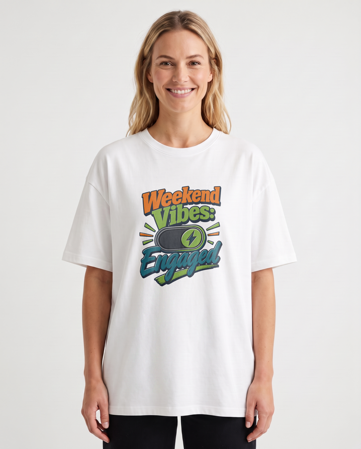 Weekend Vibes: Engaged White T-Shirt mockup 1