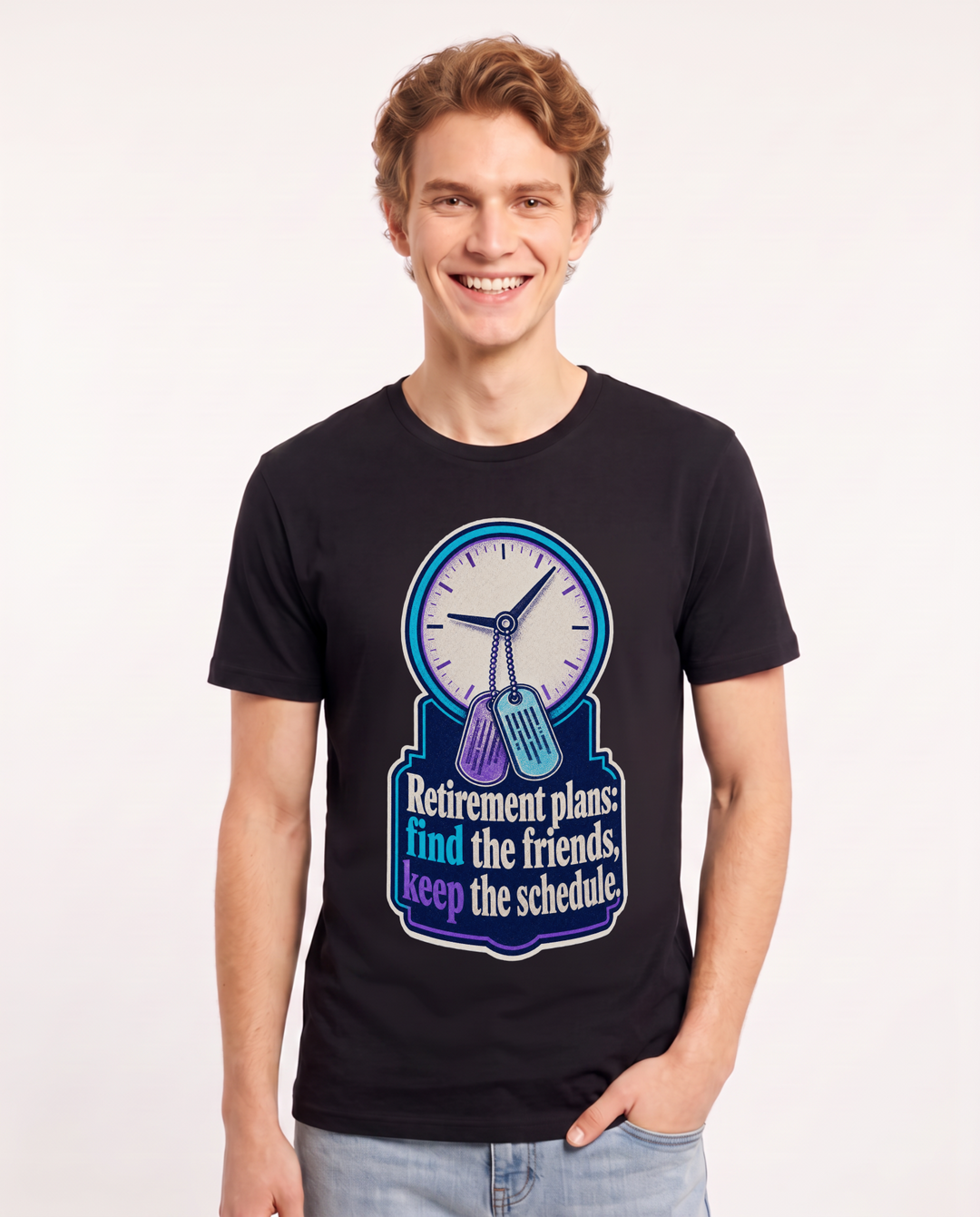 Veteran Men's Black T-Shirt – Retirement plans: find the friends, keep the schedule. product image 1