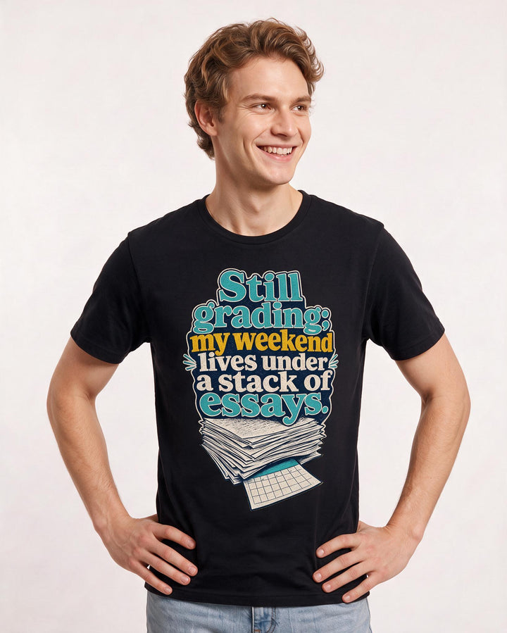 Funny Teacher Men's Black T-Shirt – Still grading; my weekend lives under a product image 3