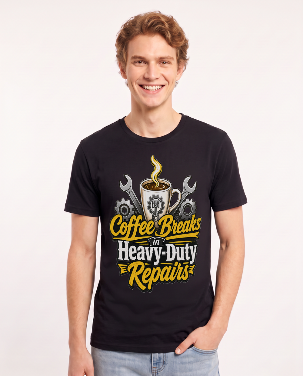 Coffee Breaks in Heavy-Duty Repairs Men's Black T-Shirt product image 2
