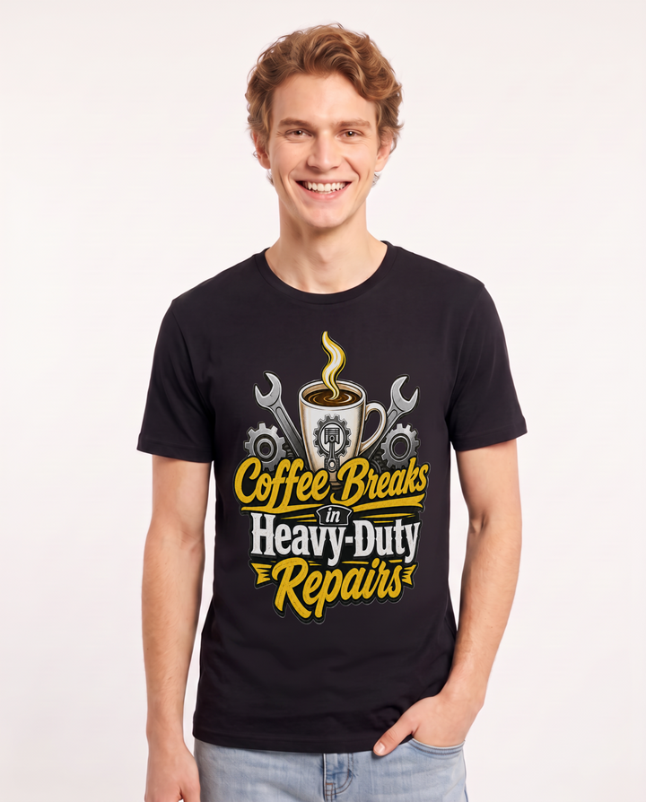 Coffee Breaks in Heavy-Duty Repairs Men's Black T-Shirt product image 2
