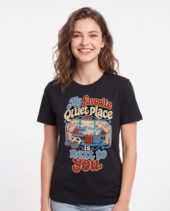 Couples Women's Black T-Shirt – My favorite quiet place is next to product image 1
