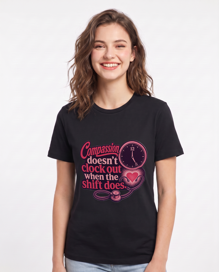 Nurse Women's Black T-Shirt – "Compassion doesn't clock out when the shift does." product image 1
