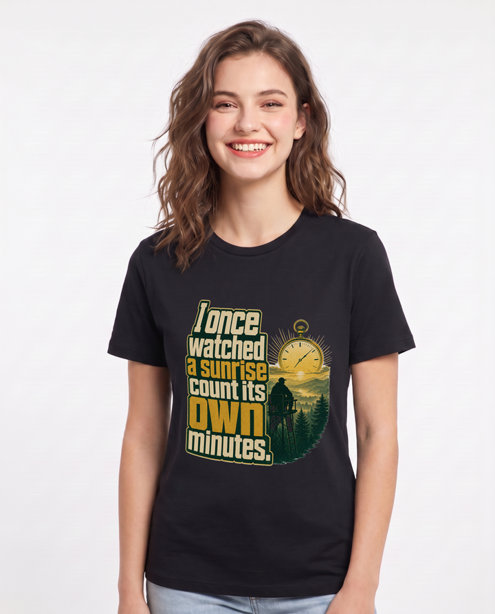 Hunting Women's Black T-Shirt – I once watched a sunrise count its own product image 1