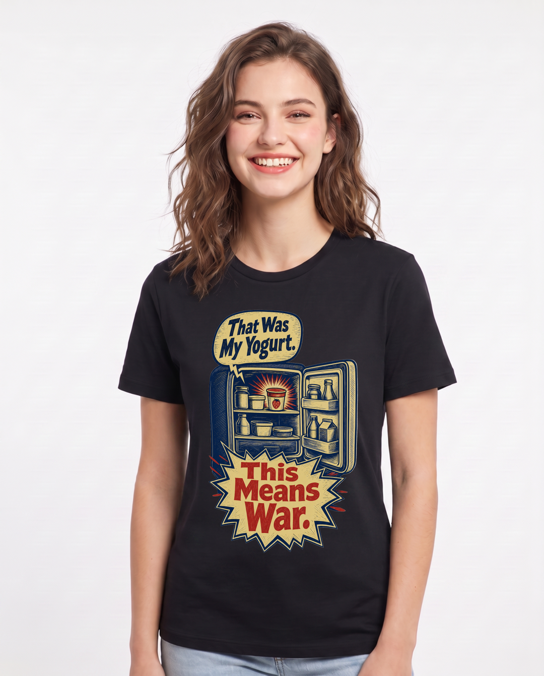 Funny Couples Women's Black T-Shirt – That Was My Yogurt. This Means War. product image 1