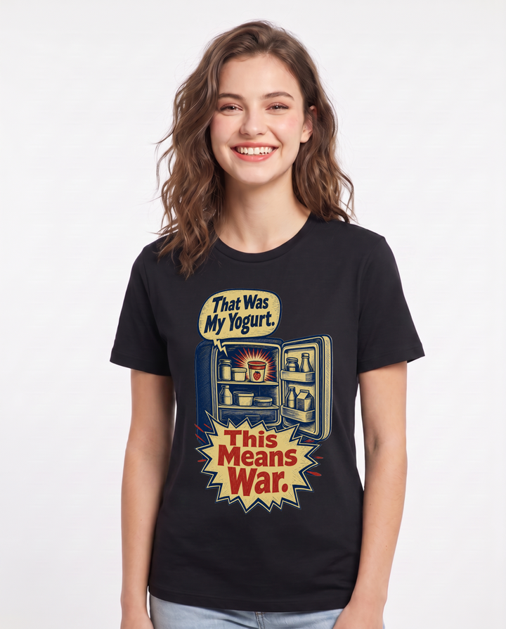 Funny Couples Women's Black T-Shirt – That Was My Yogurt. This Means War. product image 1