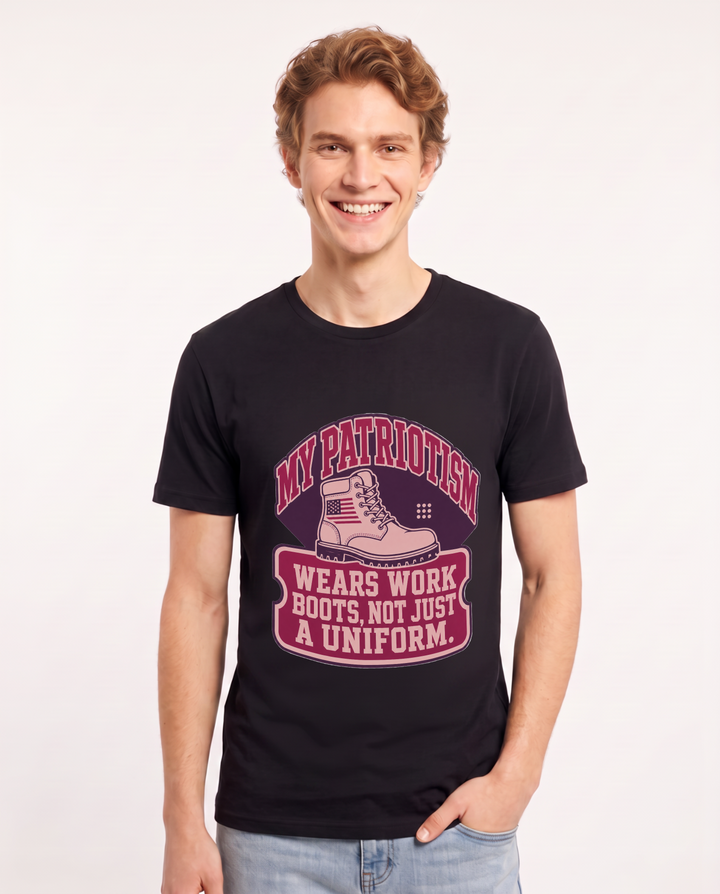 Graphic Men's Black T-Shirt - My patriotism wears work boots, not just product image 1