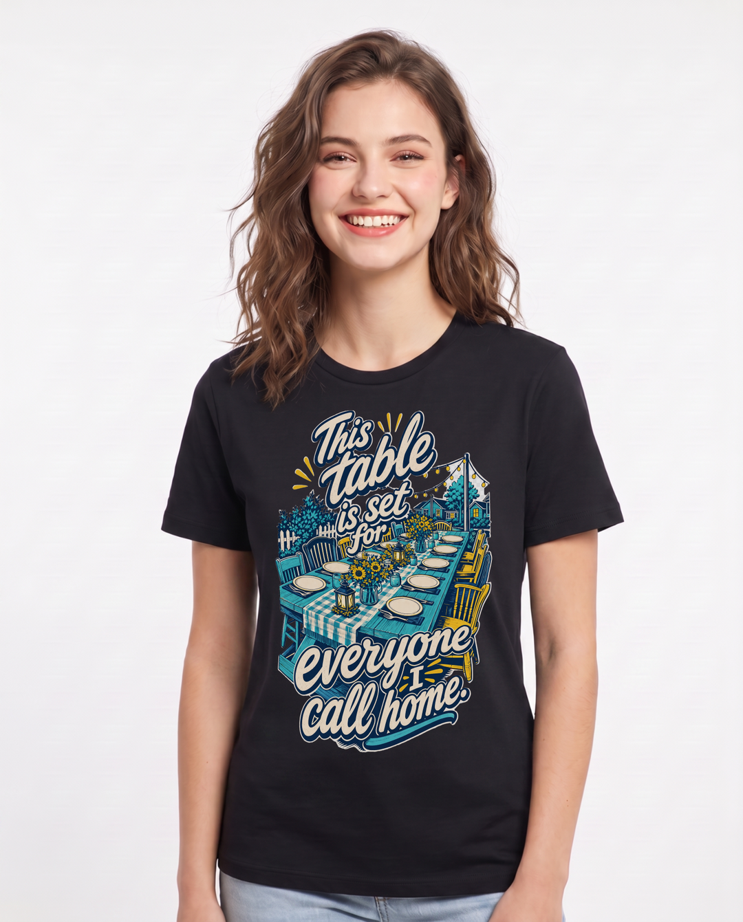 Patriotic Women's Black T-Shirt – This table is set for everyone I call home. product image 1