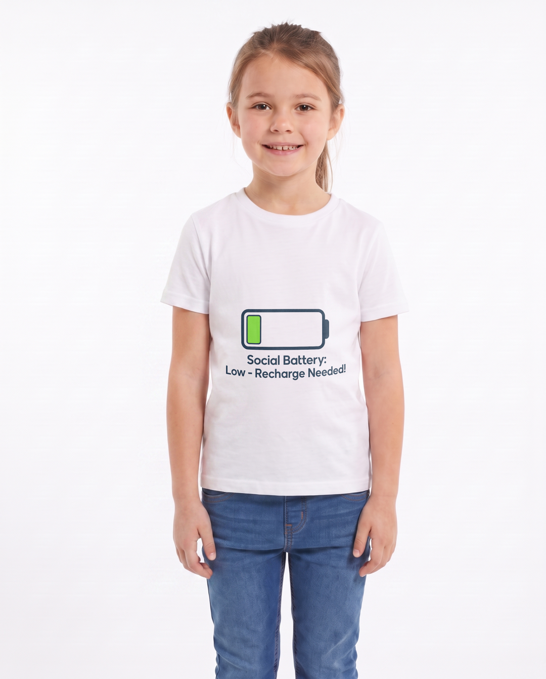Social Battery: Low Recharge Needed! White T-Shirt mockup 1