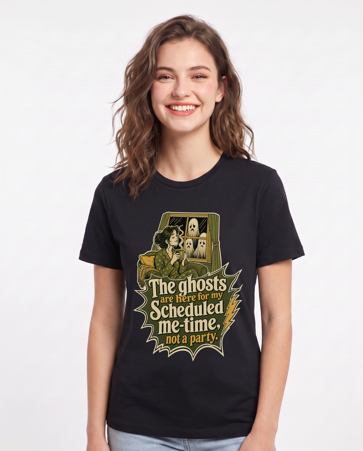Halloween Women's Black T-Shirt – The ghosts are here for my scheduled me-time, not a party. product image 1