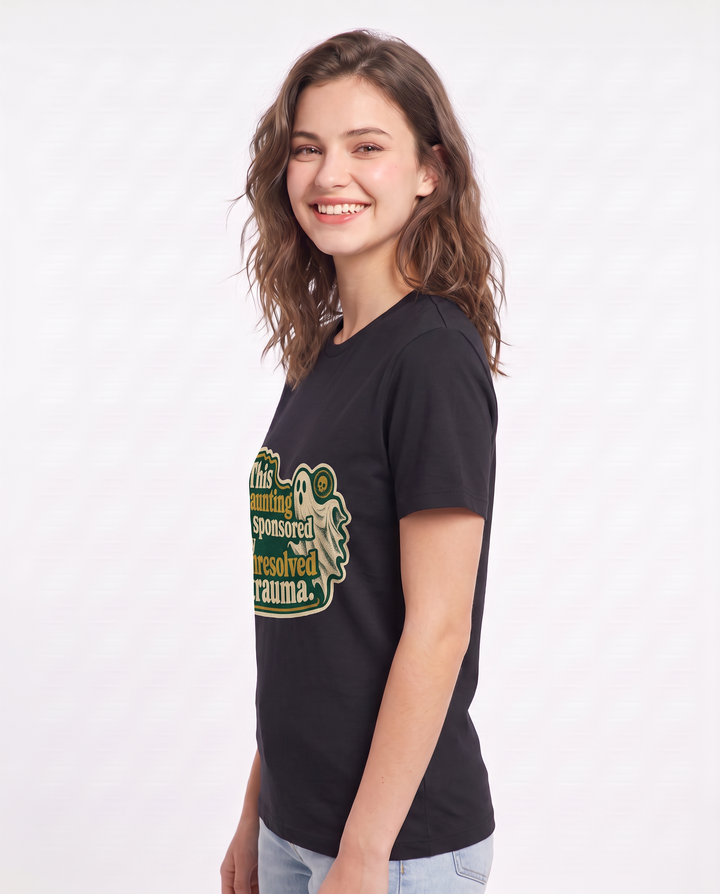 Halloween Women's Black T-Shirt - This haunting is sponsored by product image 2
