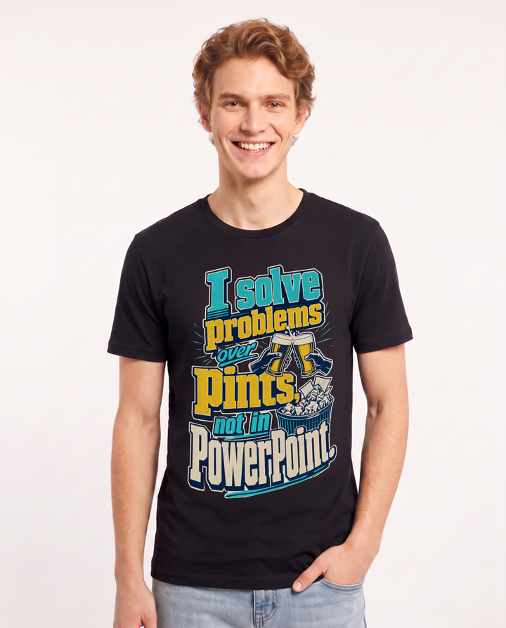 Funny Beer Men's Black T-Shirt – I solve problems over pints, not in product image 1
