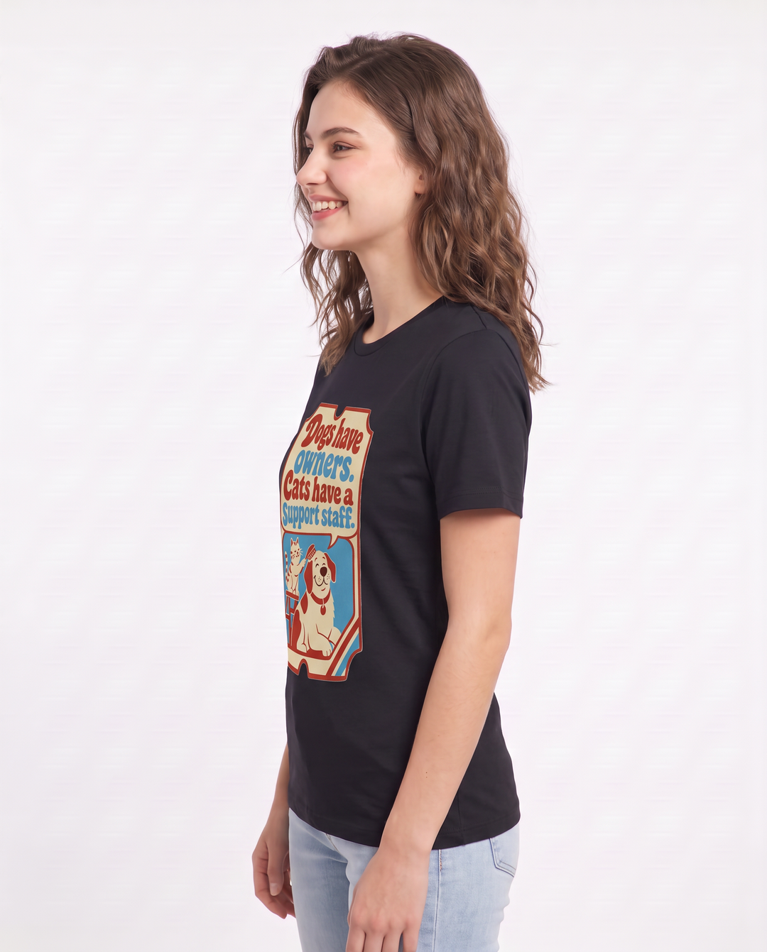 Graphic Women's Black T-Shirt - Dogs have owners. Cats have a support product image 2