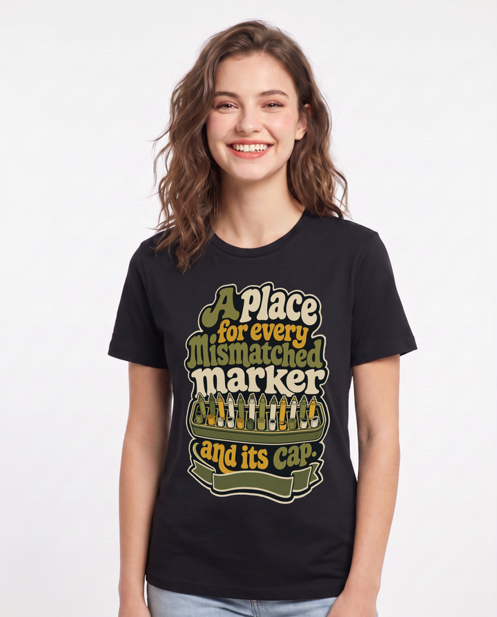 Teacher Women's Black T-Shirt – A place for every mismatched marker and its cap. product image 1
