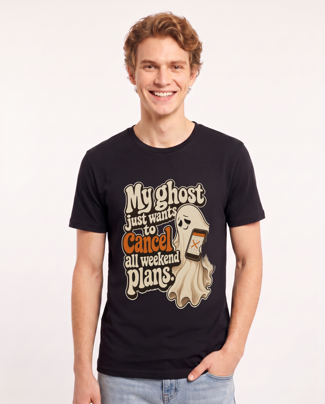 Funny Halloween Men's Black T-Shirt – My ghost just wants to cancel all weekend plans. product image 1