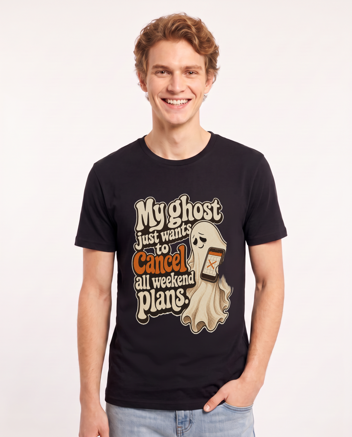 Funny Halloween Men's Black T-Shirt – My ghost just wants to cancel all weekend plans. product image 1