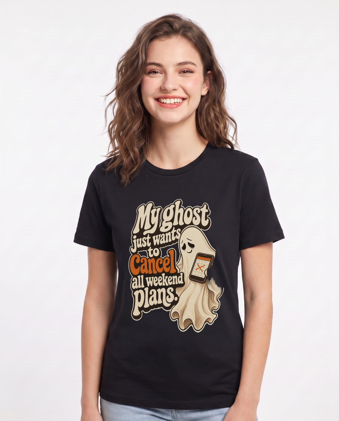 Halloween Women's Black T-Shirt – My ghost just wants to cancel all weekend plans. product image 1