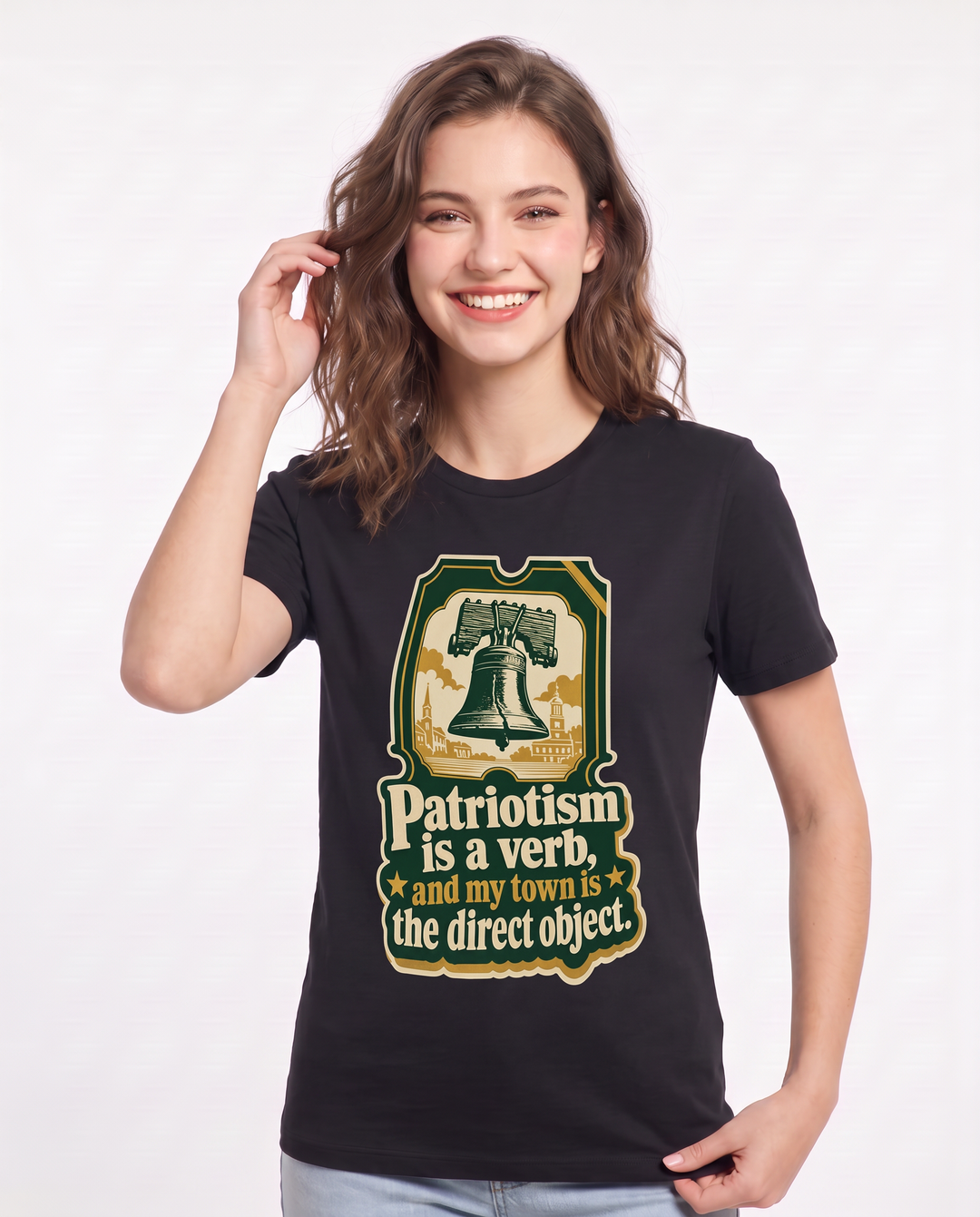Graphic Women's Black T-Shirt - Patriotism is a verb, and my town is product image 3